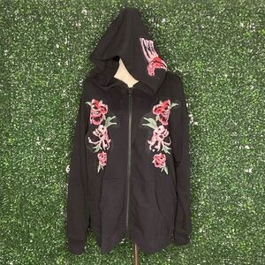 Sanctuary Floral Embroidered Zip Hoodie Jacket Black Oversized Boho Sz S